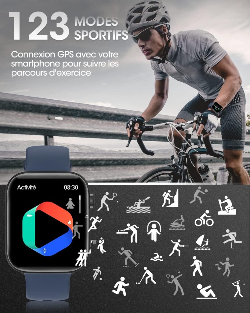 KIQULOV Montre Connectée Homme avec Appels Bluetooth Assistant Vocal, 1,8 Smartwatch avec 123 Modes Sportifs/Bouton Dencodeur/Lecteur de Musique/Fréquence Cardiaque/SpO2/Sommeil pour Android iOS