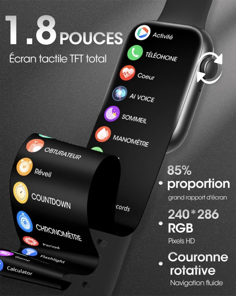 KIQULOV Montre Connectée Homme avec Appels Bluetooth Assistant Vocal, 1,8 Smartwatch avec 123 Modes Sportifs/Bouton Dencodeur/Lecteur de Musique/Fréquence Cardiaque/SpO2/Sommeil pour Android iOS