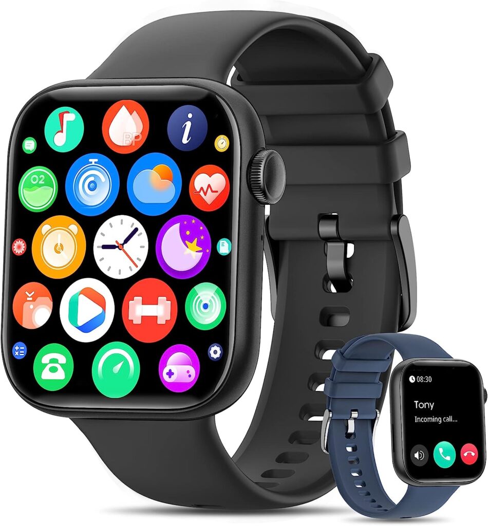 KIQULOV Montre Connectée Homme avec Appels Bluetooth Assistant Vocal, 1,8 Smartwatch avec 123 Modes Sportifs/Bouton Dencodeur/Lecteur de Musique/Fréquence Cardiaque/SpO2/Sommeil pour Android iOS