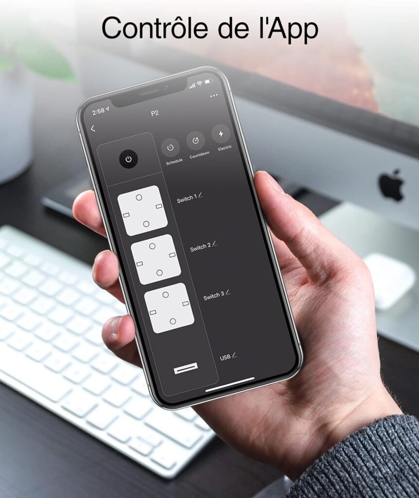 Multiprise Connectée WiFi, Intelligente 3 Prises 16A et 3 USB, Mesurer la Consommation électrique, Compatible avec Alexa et Google Home, Fonction de Minuterie, 1.5M, 2,4GHz