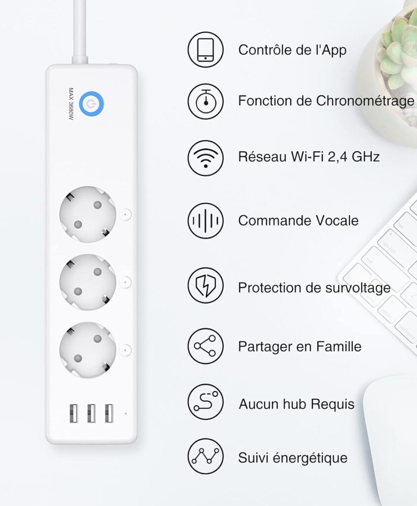 Multiprise Connectée WiFi, Intelligente 3 Prises 16A et 3 USB, Mesurer la Consommation électrique, Compatible avec Alexa et Google Home, Fonction de Minuterie, 1.5M, 2,4GHz