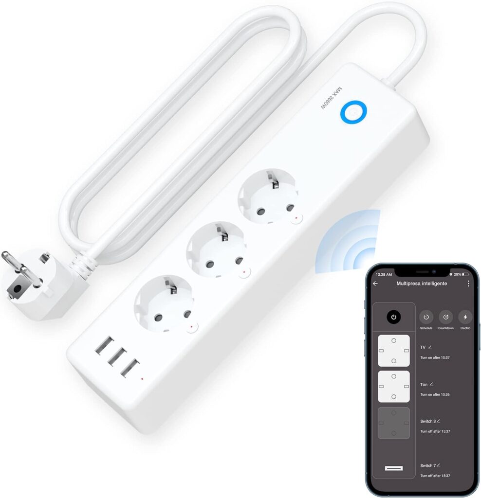 Multiprise Connectée WiFi, Intelligente 3 Prises 16A et 3 USB, Mesurer la Consommation électrique, Compatible avec Alexa et Google Home, Fonction de Minuterie, 1.5M, 2,4GHz