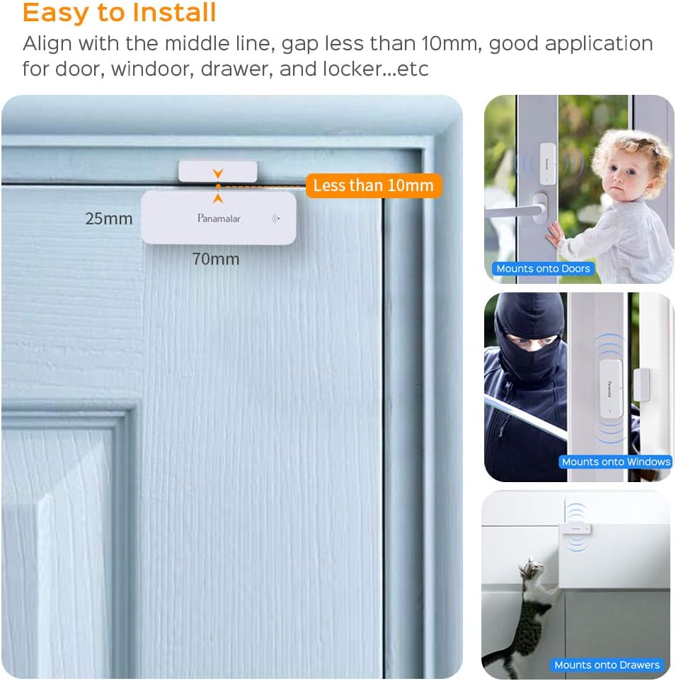 PANAMALAR sans Fil WiFi Capteur de Porte Fenêtr Intelligent, Télécommande Low Energy Alarme Maison Compatible avec Alexa, Google Assistant, Convient aux Portes, Fenêtres et Armoires, la Maison,Office