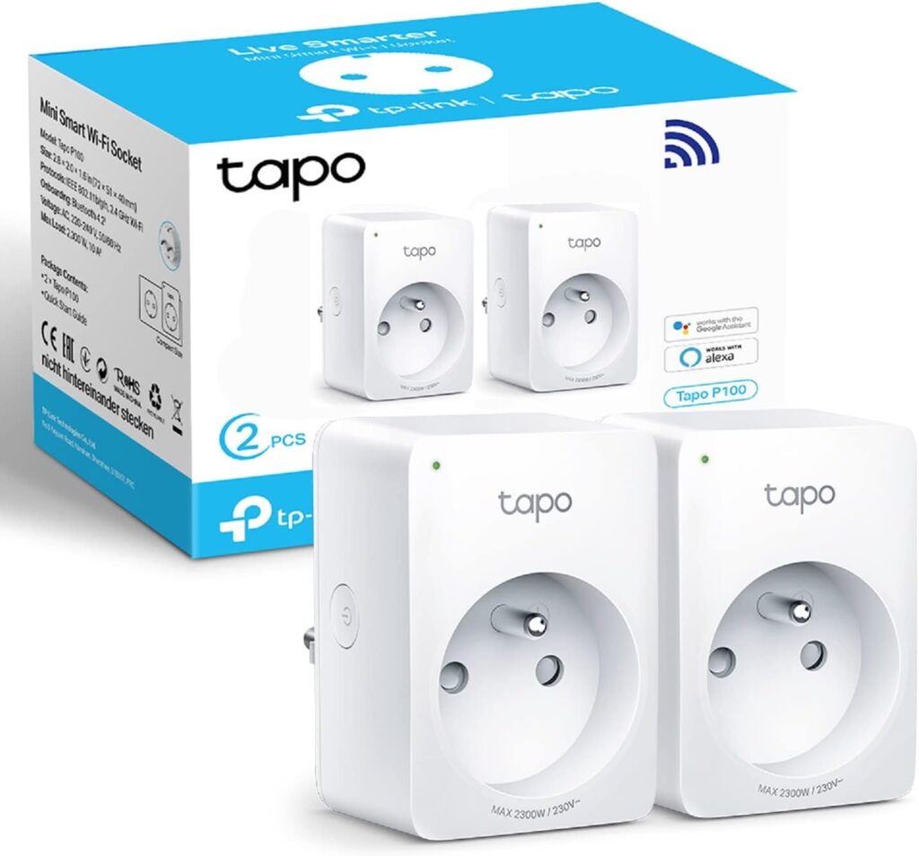 Tapo Prise Connectée WiFi, Prise Intelligente compatible avec Alexa et Google Home, 10A Type E, Contrôler le ventilateur, la cafetière, la lampe à distance, aucun hub requis, Tapo P100(FR) 2 Pack